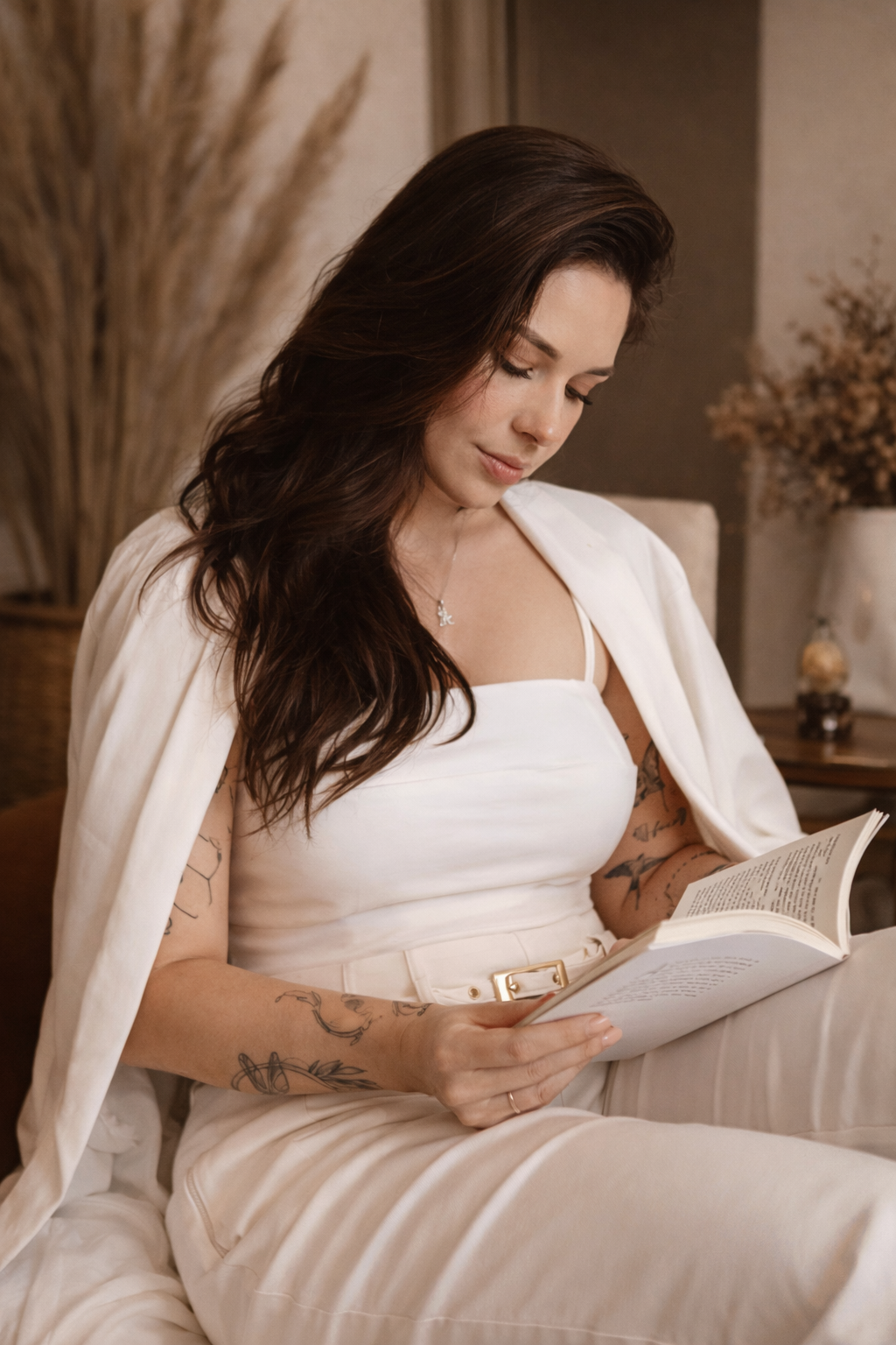 Mel Psiquê lendo, em momento íntimo e acolhedor